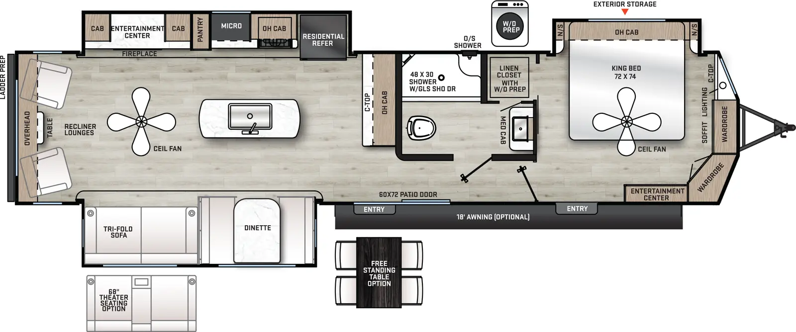 The 39RLTS has three slide outs and two entry doors. Exterior features include an optional 18 foot awning. Interior layout front to back: front bedroom with off-door side king bed slide out with overhead cabinet and night stand on each side, paddle fan, closet with washer/dryer prep, front countertop and wardrobes, door side entertainment center, and entry door; off door side full bathroom with medicine cabinet and linen closet; patio door entry; countertop with overhead cabinet along inner wall; door side slide out containing dinette and tri-fold sofa (optional theater seating); off door side slide out with residential refrigerator, cook top stove, overhead cabinet, microwave, pantry, and entertainment center with fireplace; kitchen island with sink and paddle fan; rear recliner lounges with table and overhead cabinet. Optional free standing dinette available in place of standard dinette.